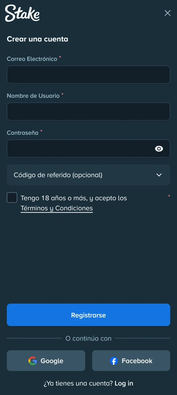 Elige tu método de registro ya sea mediante correo electrónico o tus redes sociales en Stake.