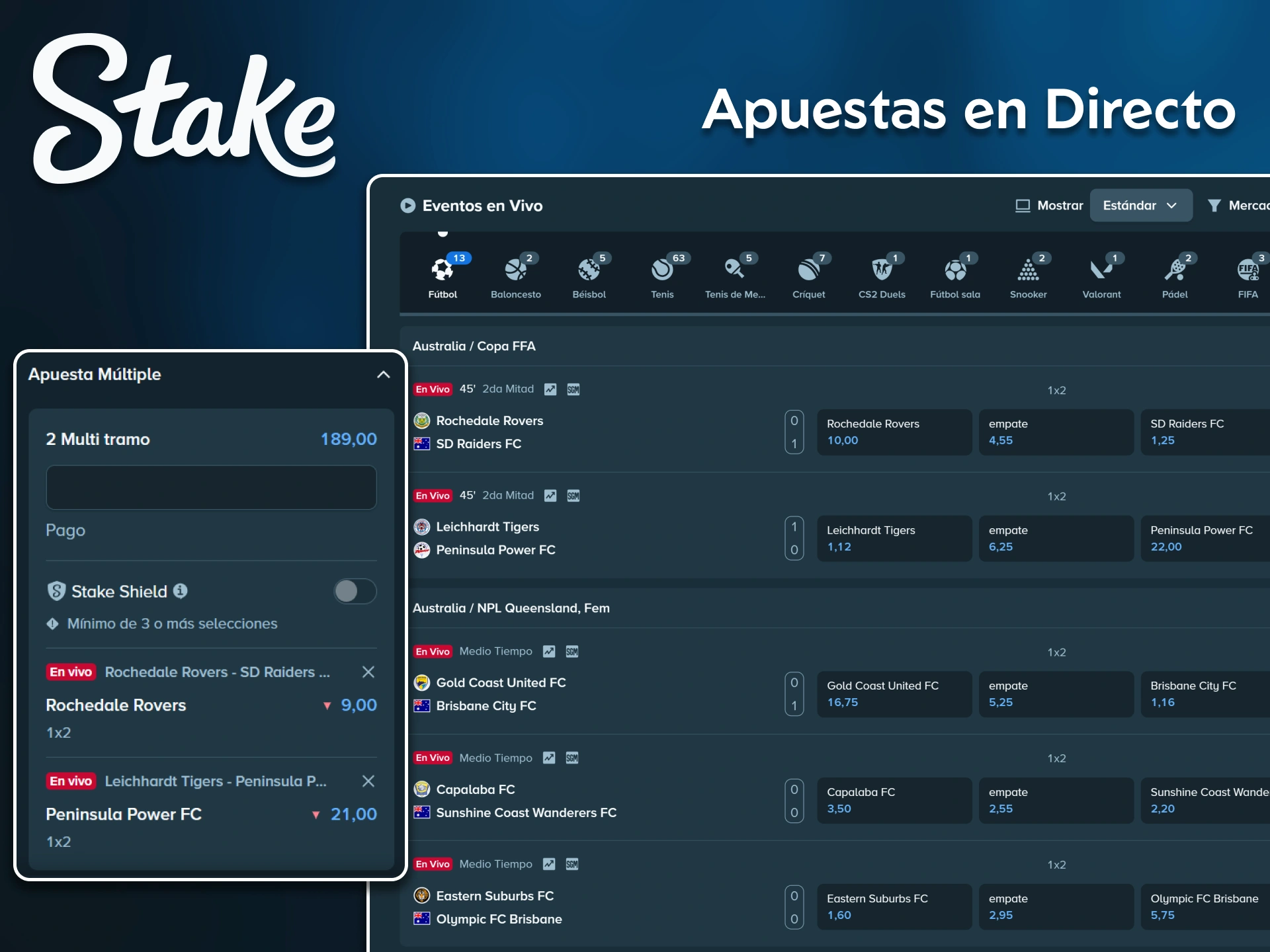 Mira tus partidos favoritos en tiempo real y apuesta en la sección de apuestas en vivo de Stake.